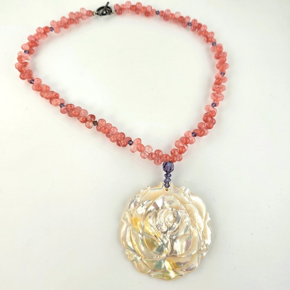 Mother of Pearl Carved Rose Pendant Necklace Cherry Quartz Beads